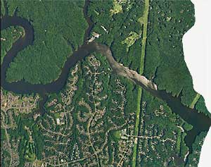 Aerial view of the Occoquan Reservoir, Fairfax County is north and Prince William is to the south