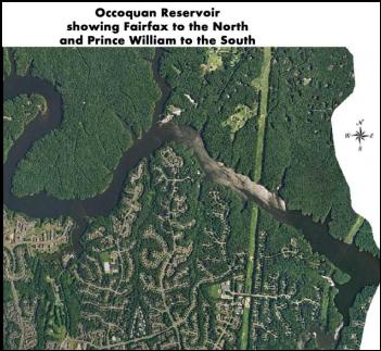 Occoquan Reservoir showing Fairfax County to the North and Prince William County to the south.