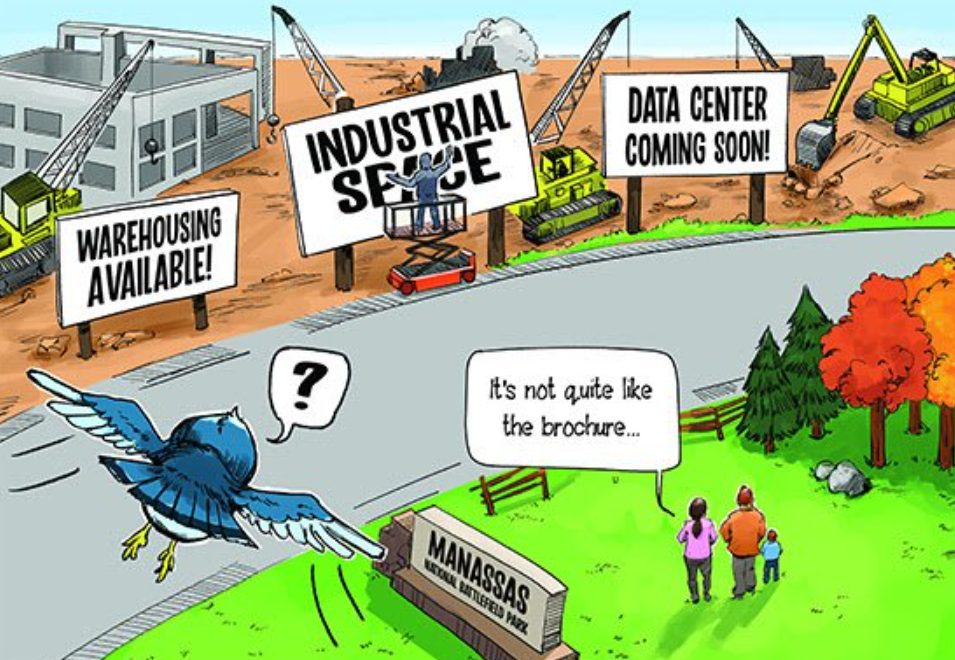 Cartoon. Family is looking across the road at billboards saying "Warehousing available", "Industrial Space", and "Datacenter coming soon". The wife says, "It's not quite like the brochure...". A bird flys in with a 'question mark' bubble.